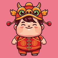 schattig jongen vervelend draak hoed vieren Chinese nieuw jaar festival vector illustratie
