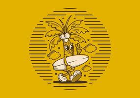 mascotte karakter illustratie van kokosnoot boom Holding een surfing bord vector