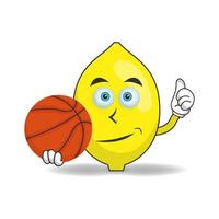 het karakter van de citroenmascotte wordt een basketbalspeler. vector illustratie