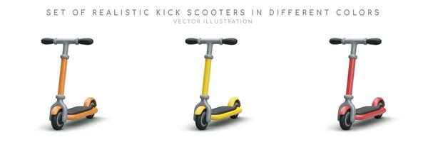 reeks van realistisch 3d trap scooter in verschillend kleuren. huur en voertuig uitverkoop concept vector