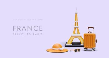 web poster met 3d trolley tas, hoed, zonnebril en groot eiffel toren. reizen in de omgeving van wereld vector
