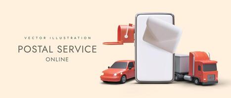 realistisch 3d smartphone, auto's, postbus en brief. online levering bestellen concept vector