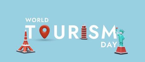 wereld toerisme dag. helder kleur banier met 3d figuren in plaats daarvan van brieven vector