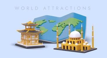 prominent wereld oriëntatiepunten Aan achtergrond van 3d wereld kaart. monsters van mooi oosters architectuur vector