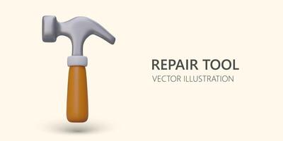 3d realistisch gereedschap voor reparatie. metaal hamer met houten omgaan met vector