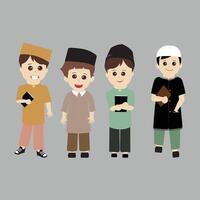 reeks van moslim jongen tekenfilm karakter voor Ramadan. schattig tekenfilm moslim jongen. reeks van kind moslim mensen aan het doen activiteiten. vector illustratie.