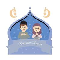 gelukkig Ramadan kareem met kinderen karakter illustratie. Moslim jongen en meisje Ramadan groet kaart. vector