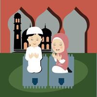 gelukkig Ramadan kareem met kinderen karakter illustratie. Moslim jongen en meisje Ramadan groet kaart. vector
