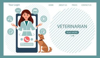 dierenarts online. vrouw dierenarts Aan de telefoon en schattig hond. dier Gezondheid banier of landen bladzijde sjabloon, vlak stijl vector illustratie