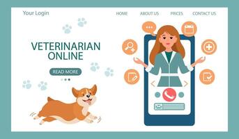 dierenarts online. vrouw dierenarts Aan de telefoon en schattig hond. dier Gezondheid banier of landen bladzijde sjabloon, vlak stijl vector illustratie