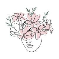 portret van een vrouw met bloemen, lijn kunst. contour illustratie met de toevoeging van gekleurde vlekken. ansichtkaart, poster, vector