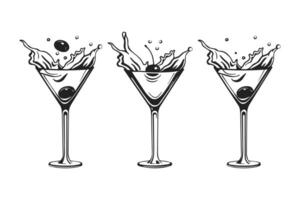 bril met cocktail, olijven en kersen, lineair pictogrammen set. plons cocktails. lijn kunst, vector