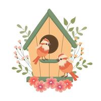 schattig vogelhuisje met vogels, versierd met bloemen en bladeren. voorjaar klem kunst in vlak tekenfilm stijl. voorjaar vakantie illustratie. vector