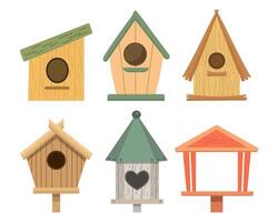 reeks van schattig vogelhuisjes. divers houten huizen voor vogels. voorjaar pictogrammen in vlak tekenfilm stijl. vector