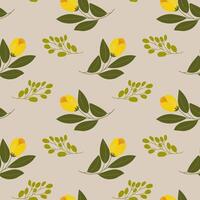 naadloos patroon, geel tulp bloemen en twijgen met bladeren Aan een licht groen achtergrond. bloemen achtergrond, textiel, vector. vector