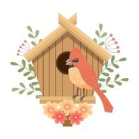 schattig vogelhuisje met vogels, versierd met bloemen en bladeren. voorjaar klem kunst in vlak tekenfilm stijl. voorjaar vakantie illustratie. vector