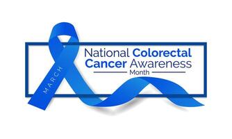 colorectaal kanker bewustzijn maand is maart. banier, poster, kaart, achtergrond ontwerp met blauw lint en tekst. vector illustratie.