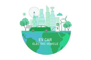 elektrische auto, ev-auto, auto-oplaadbatterij bij elektrisch laadstation met zonnepaneel en windturbines. duurzame groene energie voor ecologische omgeving. futuristische transporttechnologie. vector