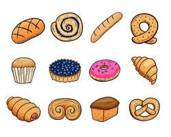 brood, donut en croissant tekenfilm set. kleurrijk zoet geïsoleerd Aan wit achtergrond. tekening illustratie zoute krakeling vector