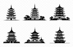 Japans pagode silhouet vector set, Aziatisch pagode mijlpaal silhouetten icoon