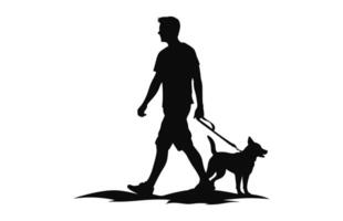 mannen wandelen met hond zwart silhouet vector geïsoleerd Aan een wit achtergrond