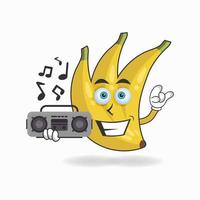 banaan mascotte karakter met een radio. vector illustratie