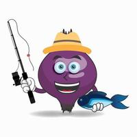 het karakter van de paarse ui-mascotte is aan het vissen. vector illustratie
