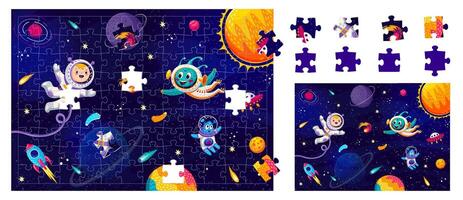 decoupeerzaag puzzel spel met grappig buitenaards wezen en astronaut vector