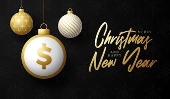 vrolijke kerst gouden dollar symbool banner. dollarteken als kerstbal hangende wenskaart. vector afbeelding voor kerstmis, financiën, nieuwjaarsdag, bankieren, geld
