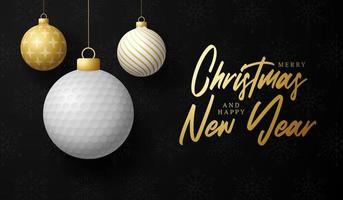 golf kerstkaart. merry christmas sport wenskaart. hang aan een draadgolfbal als een kerstbal en gouden kerstbal op zwarte horizontale achtergrond. sport vectorillustratie. vector