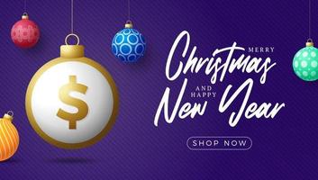 vrolijke kerst gouden dollar symbool banner. dollarteken als kerstbal hangende wenskaart. vector afbeelding voor kerstmis, financiën, nieuwjaarsdag, bankieren, geld