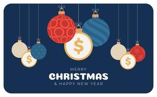 vrolijke kerst dollar symbool banner. dollarteken als kerstbal hangende wenskaart. vector afbeelding voor kerstmis, financiën, nieuwjaarsdag, bankieren, geld