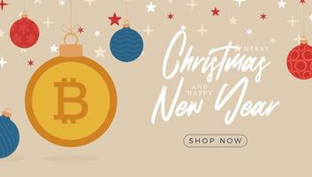 vrolijke kerst bitcoin symboolbanner. bitcoin teken als kerstbal hangende wenskaart. vector afbeelding voor kerstmis, financiën, nieuwjaarsdag, bankieren, geld