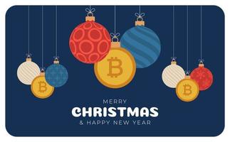 vrolijke kerst bitcoin symboolbanner. bitcoin teken als kerstbal hangende wenskaart. vector afbeelding voor kerstmis, financiën, nieuwjaarsdag, bankieren, geld