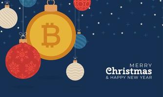 vrolijke kerst bitcoin symboolbanner. bitcoin teken als kerstbal hangende wenskaart. vector afbeelding voor kerstmis, financiën, nieuwjaarsdag, bankieren, geld