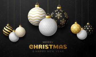 golf kerstkaart. merry christmas sport wenskaart. hang aan een draadgolfbal als een kerstbal en gouden kerstbal op zwarte horizontale achtergrond. sport vectorillustratie. vector