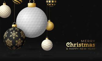 golf kerstkaart. merry christmas sport wenskaart. hang aan een draadgolfbal als een kerstbal en gouden kerstbal op zwarte horizontale achtergrond. sport vectorillustratie. vector