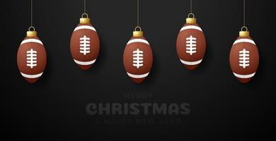 voetbal kerst wenskaart. prettige kerstdagen en gelukkig nieuwjaar hangen aan een draad american football rugbybal als een kerstbal. sport vectorillustratie. vector