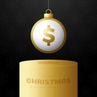 geld kerstbal sokkel. merry christmas geld wenskaart. hang op een draad munt dollar bal als een kerst bal op gouden podium op zwarte achtergrond. economie vectorillustratie. vector