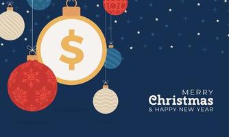 vrolijke kerst dollar symbool banner. dollarteken als kerstbal hangende wenskaart. vector afbeelding voor kerstmis, financiën, nieuwjaarsdag, bankieren, geld