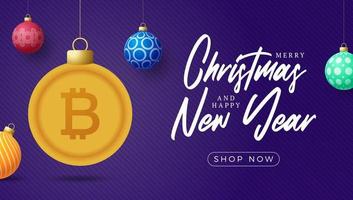 vrolijke kerst gouden bitcoin symbool banner. bitcoin teken als kerstbal hangende wenskaart. vector afbeelding voor kerstmis, financiën, nieuwjaarsdag, bankieren, geld