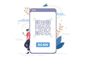 qr-codescanner voor online betaling, elektronisch betalen en geldoverdracht op smartphone met app in de hand. achtergrond vectorillustratie vector