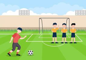 voetballen met jongens voetballen draag sportuniform verschillende bewegingen zoals trappen, vasthouden, verdedigen, pareren en aanvallen in het veld. vector illustratie