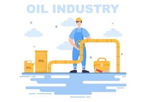 olie gas industrie vectorillustratie. ruwe extractie, raffinaderij, boren, benzinestation, tankgebruikspijp en levering van brandstof per vrachtwagentransport vector