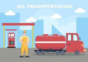 olie gas industrie vectorillustratie. ruwe extractie, raffinaderij, boren, benzinestation, tankgebruikspijp en levering van brandstof per vrachtwagentransport vector