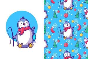 vrolijk kerstfeest met gelukkige pinguïn en vissen in naadloos winterpatroon vector