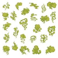 cartoon stinkende geur bubbels, waterdamp en stank aroma streams vector set. aroma rookstroom, geur giftige groene illustratie op witte achtergrond