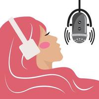 mooie jonge vrouwen met roze haar die een koptelefoon dragen die naar muziek, podcast, radio luistert. podcast concept illustratie. vrouw genieten van het luisteren naar muziek. opnamestudio. vector