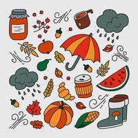 herfstelementen in doodle en cartoonstijl. paraplu en regen, pompoen en watermeloen, rubberen laarzen. vectorillustratie op grijze achtergrond vector