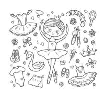 kleine ballerina en een set balletaccessoires. handgetekende tutu, pointes, balletjurk, zwaan, kroon. geïsoleerde vectorillustratie in doodle-stijl vector